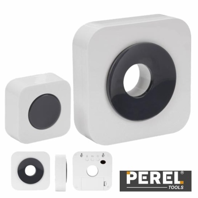 Dispositivos quadrados branco e preto com buraco central e logo PEREL TOOLS