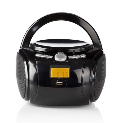 rádio portátil preto com alça e ecrã LCD amarelo