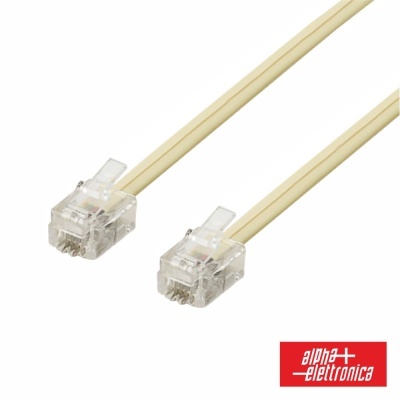 Cabo telefónico plano bege com conectores transparentes e logótipo Alpha Elettronica