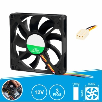 Ventoinha preta de computador com 3 fios coloridos e etiqueta verde