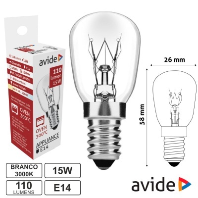 Lâmpada incandescente transparente com base E14 ao lado da embalagem e esquema de dimensões