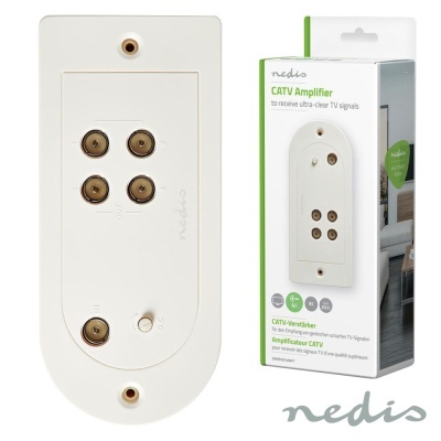 Amplificador CATV branco com conectores coaxiais e embalagem da Nedis