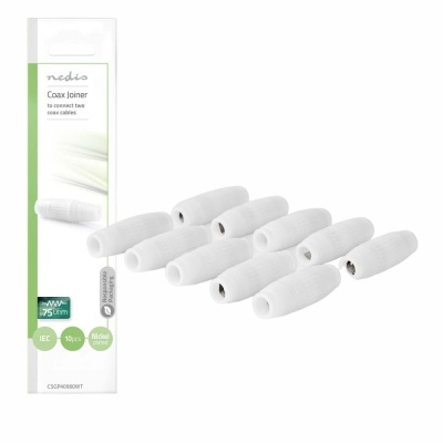 Dez conectores coaxiais brancos Nedis juntamente com a sua embalagem