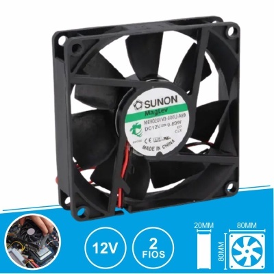 Ventoinha de computador preta SUNON 80mm 12V com fios