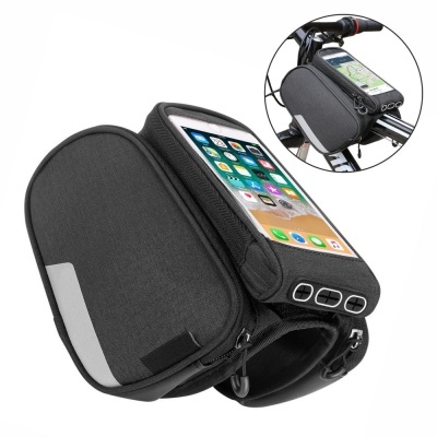 Bolsa de bicicleta preta com suporte para smartphone e fecho de correr