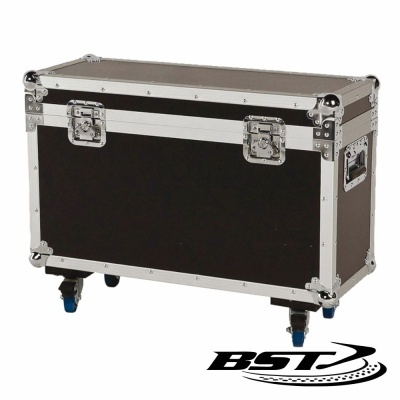 Caixa de transporte preta com estrutura metálica e rodas azuis