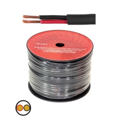 Carretel de fio elétrico preto e vermelho com fios de cobre expostos