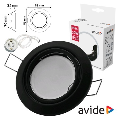 Suporte de luz embutido preto redondo com mola metálica e vidro no centro junto à embalagem