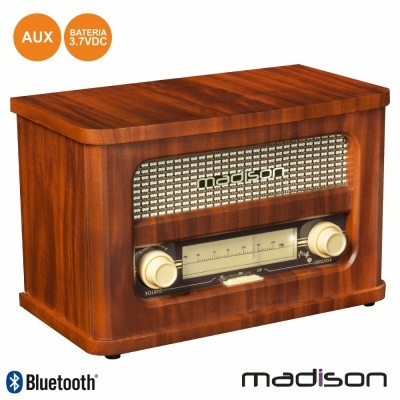 Rádio vintage em madeira castanha com botões creme e visor analógico