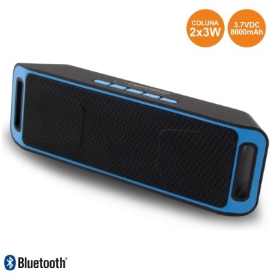 Coluna Bluetooth portátil preta e azul com botões no topo e anúncios de potência e bateria em círculos laranja