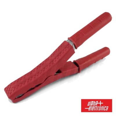Pinça de bateria vermelha com cabo texturizado e logótipo alpha elettronica.