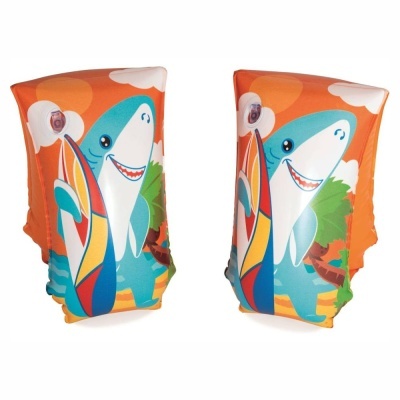 Braçadeiras infantis coloridas com desenho de tubarão e prancha de surf