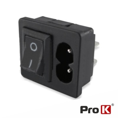 Interruptor de energia preto com botão ligar/desligar e entrada de corrente