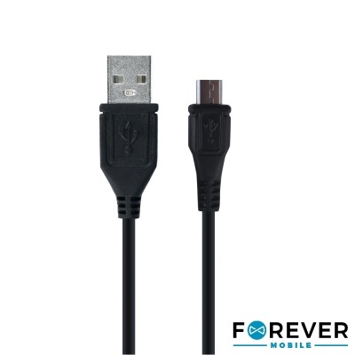 Cabo USB preto com conector USB A e micro USB com fundo branco e logo Forever Mobile