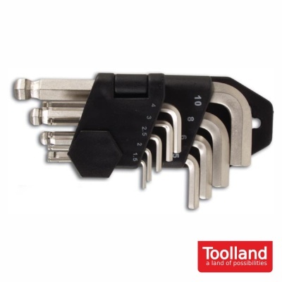 Conjunto de chaves Allen metálicas com suporte preto e logotipo Toolland.