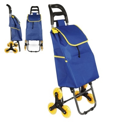 Carrinho de compras azul com rodas amarelas em triângulo