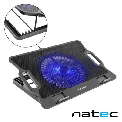 Base de suporte para portátil preta com ventoinha azul e marca natec