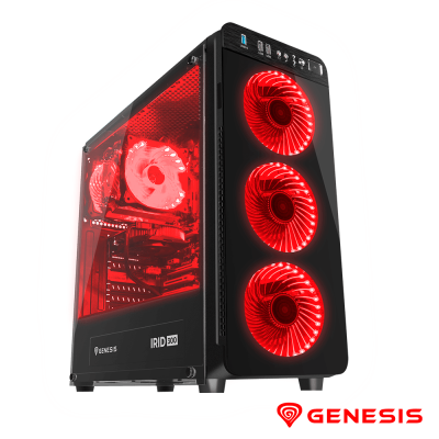 Computador de secretária preto com ventoinhas vermelhas e laterais em vidro