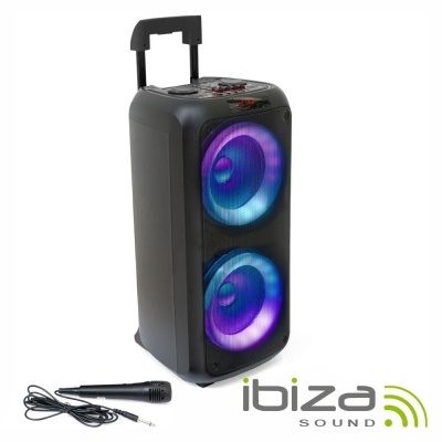 Coluna de som portátil preta com colunas iluminadas e microfone