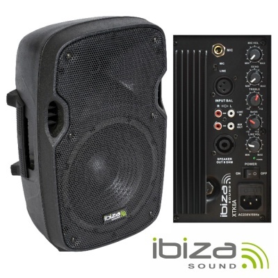 Coluna portátil Ibiza Sound preta com painel traseiro de controlo e entradas de áudio