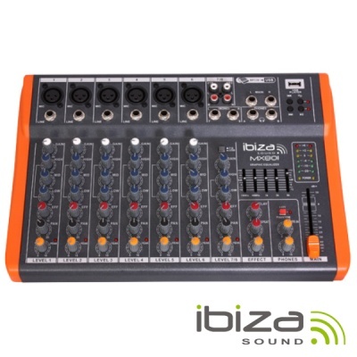 Mesa de mistura Ibiza Sound MX600I cinza com detalhes laranja e botões coloridos