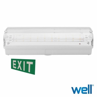 Luz de emergência branca com luzes LED e placa verde com texto EXIT
