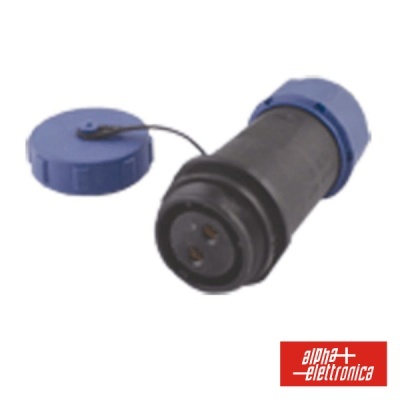 Conector eletrónico preto com tampas azuis sobre fundo branco e logotipo