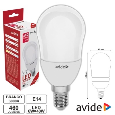 LÂMPADA LED E14 GLOBO B45 6W 230V 3000K 460LM AVIDE