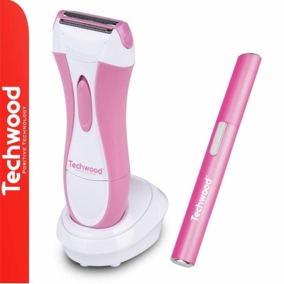 Aparelho depilatório rosa e branco Techwood com base e caneta ao lado em fundo branco
