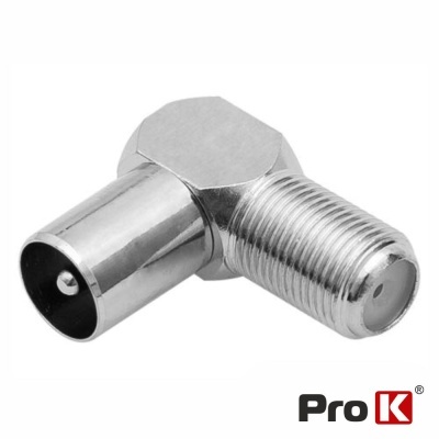 Conector coaxial metálico em ângulo de 90 graus com logótipo Pro K