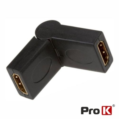 Adaptador HDMI articulado preto com conetores dourados e logo Pro K