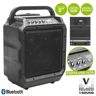 COLUNA AMPLIFICADA 8" 60W USBSDBAT  VSOUND