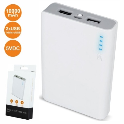 Bateria portátil branca com duas portas USB e indicadores LED