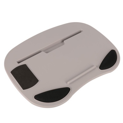 Suporte cinza para laptop com almofadas pretas