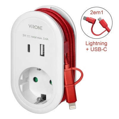 Ficha Elétrica Adaptadora 1x Schuko  USB-AUSB-C VIRONE