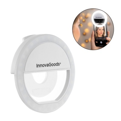 Anel de luz branco redondo InnovaGoods para telemóvel com texto 'InnovaGoods', usado para fotografia.