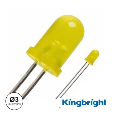 Dois LEDs amarelos de 3 mm de diâmetro com hastes metálicas e logo Kingbright