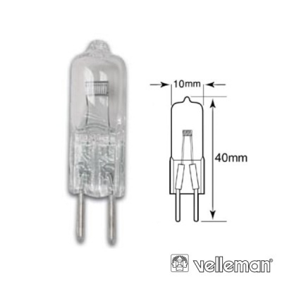 Lâmpada halógena transparente Velleman com desenho técnico e medidas ao lado