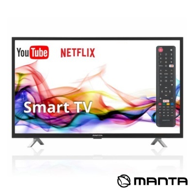Televisor MANTA Smart TV preto com suporte prateado e controlo remoto ao lado