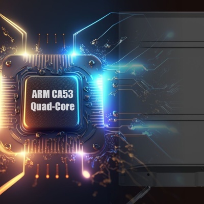 Microchip ARM CA53 Quad-Core com circuitos eletrónicos e luzes em fundo escuro