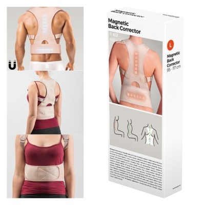 Corrector de costas magnético bege tamanho L com fechos ajustáveis mostrado em várias vistas e embalagem.