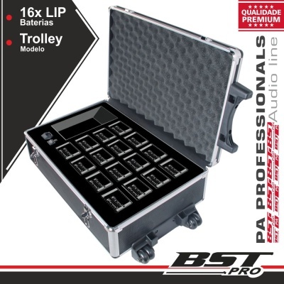 Mala trolley preta com 16 baterias Lip organizadas e interior acolchoado