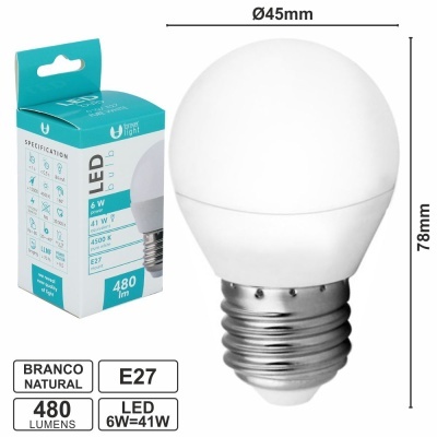 LÂMPADA E27 6W=41W 230V LEDS SMD GLOBO BRANCO NATURAL 480LM