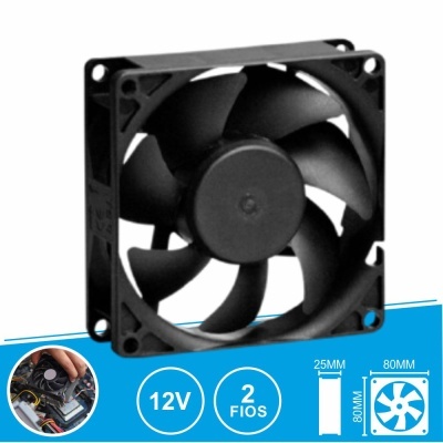 Ventoinha de computador preta 12V com 2 fios, 80x80x25mm