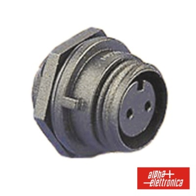 Conector circular metálico de três pinos com logótipo alpha elettronica