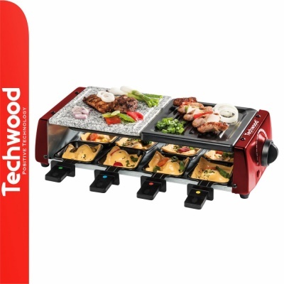 Máquina de raclette Techwood com placas para grelhar e mini frigideiras para queijos.