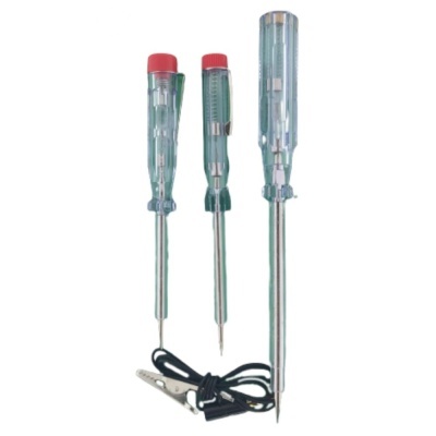 Três testadores de tensão tipo caneta com punhos transparentes e vermelhos