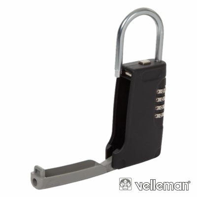 cadeado de combinação preto com arco prateado e compartimento cinza desdobrável