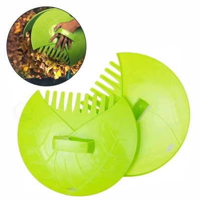 Ferramentas de jardinagem verdes para recolha de folhas em plástico.