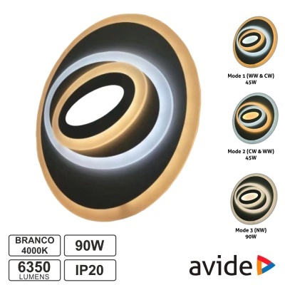 Luminária circular preta e dourada com modos de luz e especificações técnicas e logótipo avide.